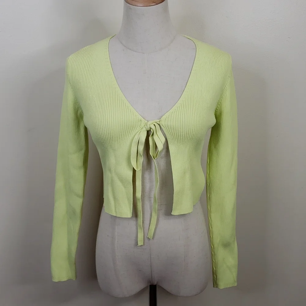 Zara Neon Green Ribbed Front Tie Cardigan Size L - Picture 2 of 4